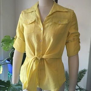 Jones New York lemon yellow linen tie blouse small